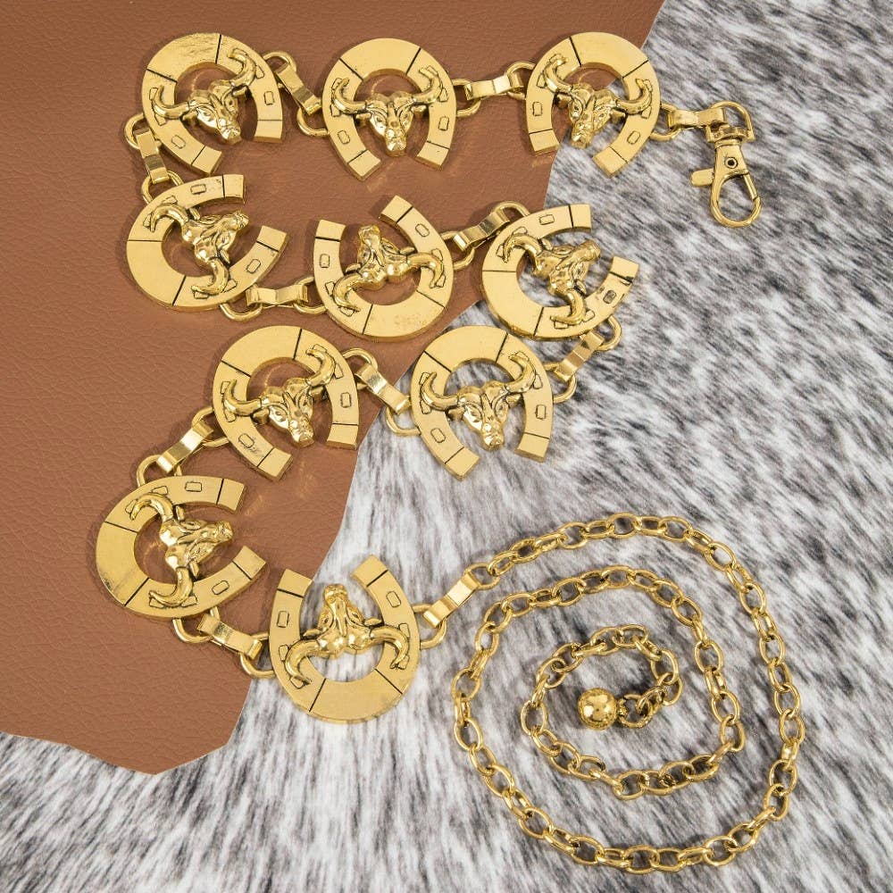 Bull Skull Horseshoe Link Chain Belt