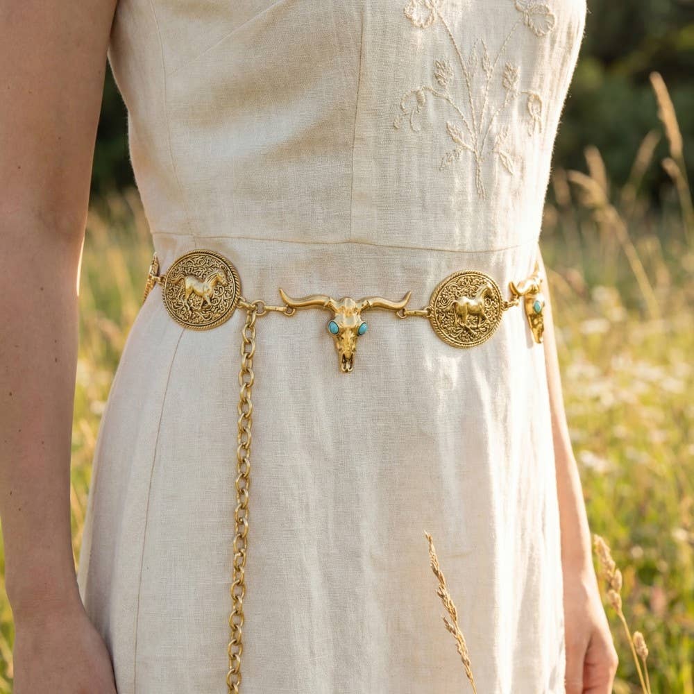 Longhorn Skull & Horse Medallion Chain Belt