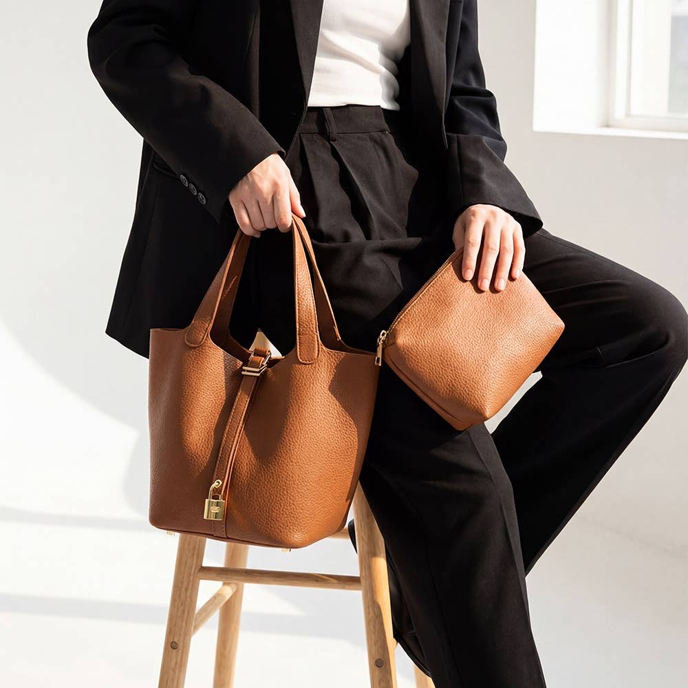 Faux Leather Bucket Hand Bag Set