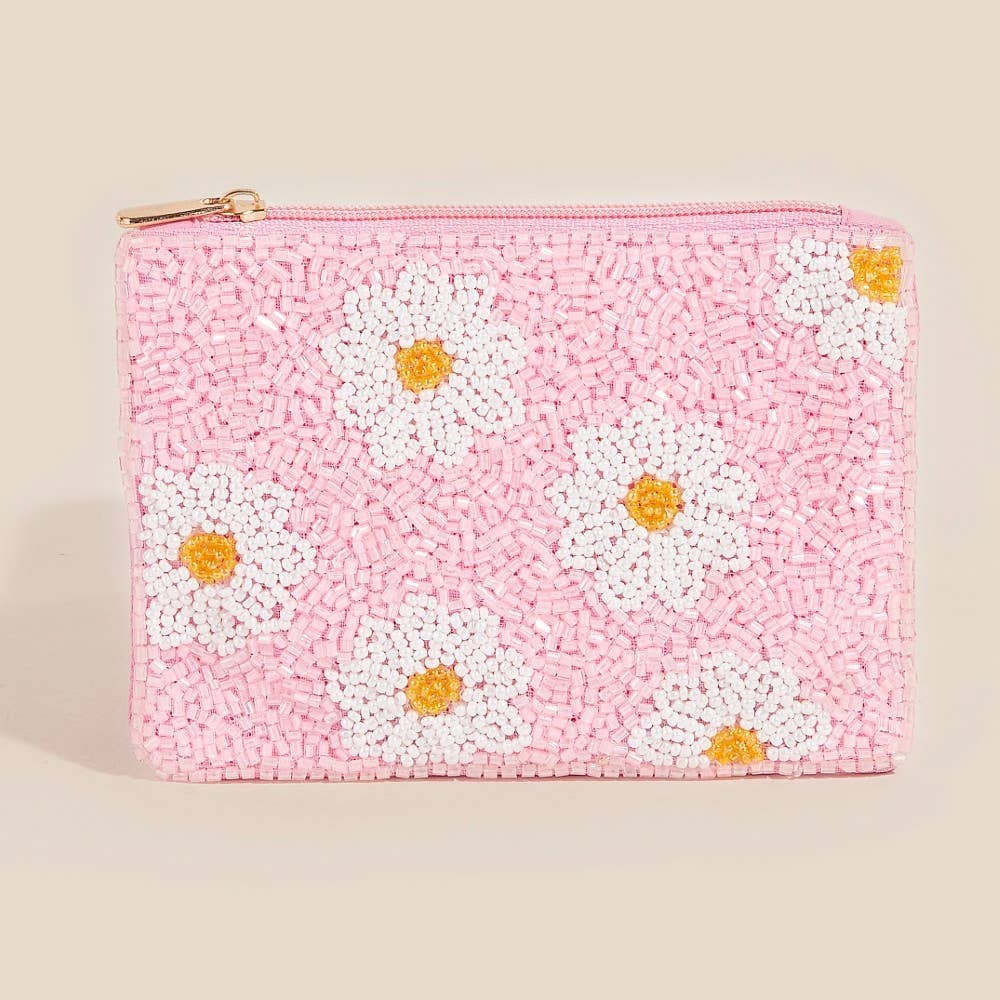 Daisy Flowers Pink Seed Beaded Coin Purse