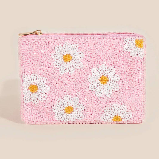 Daisy Flowers Pink Seed Beaded Coin Purse
