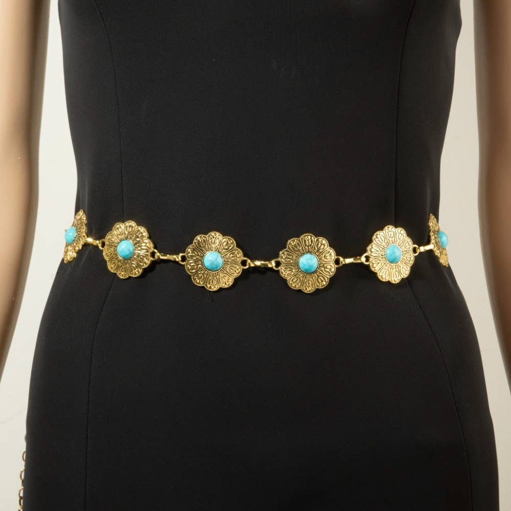 Floral Concho Turquoise Stone Chain Belt