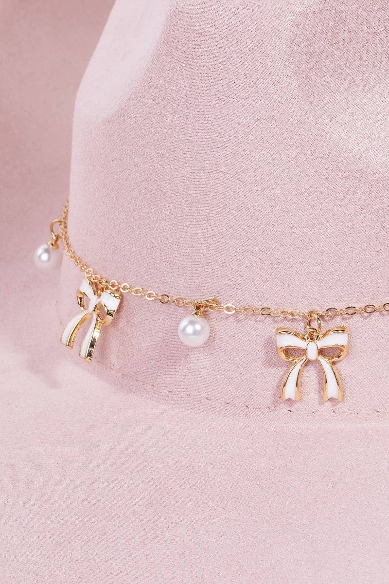 Ribbon Bow Pearl Chain Western Cowboy Hat