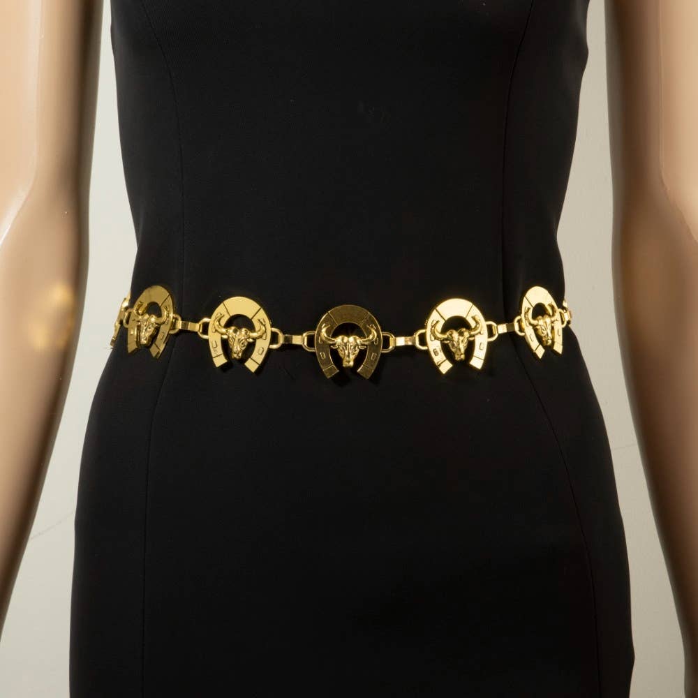 Bull Skull Horseshoe Link Chain Belt