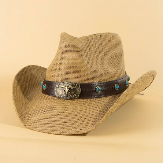 Western Longhorn Strap Turquoise Accent Cowboy Hat
