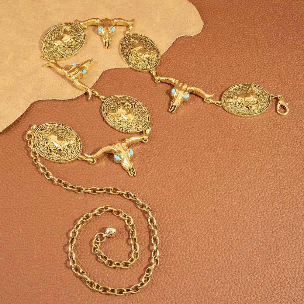 Longhorn Skull & Horse Medallion Chain Belt