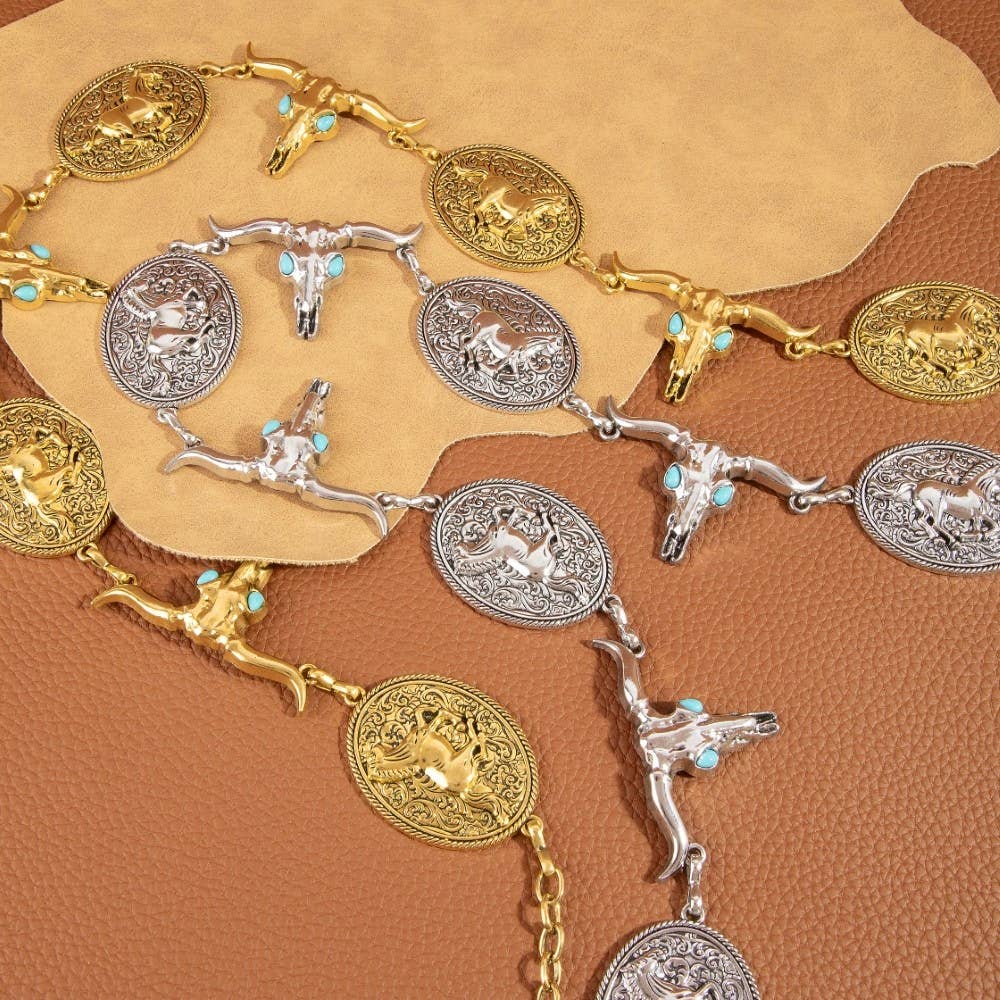 Longhorn Skull & Horse Medallion Chain Belt