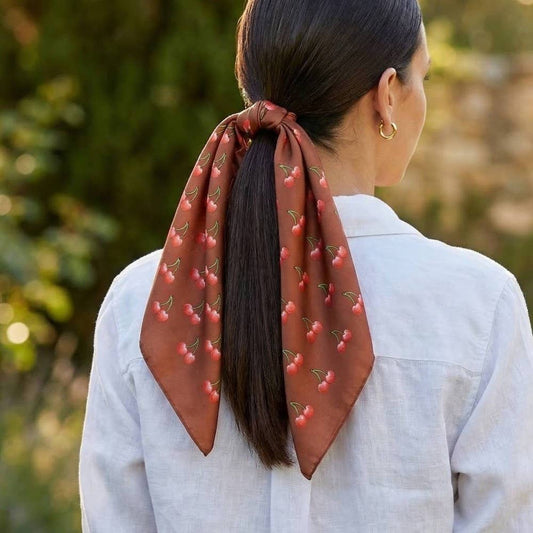 Cherry Print Brown Square Bandana Scarf