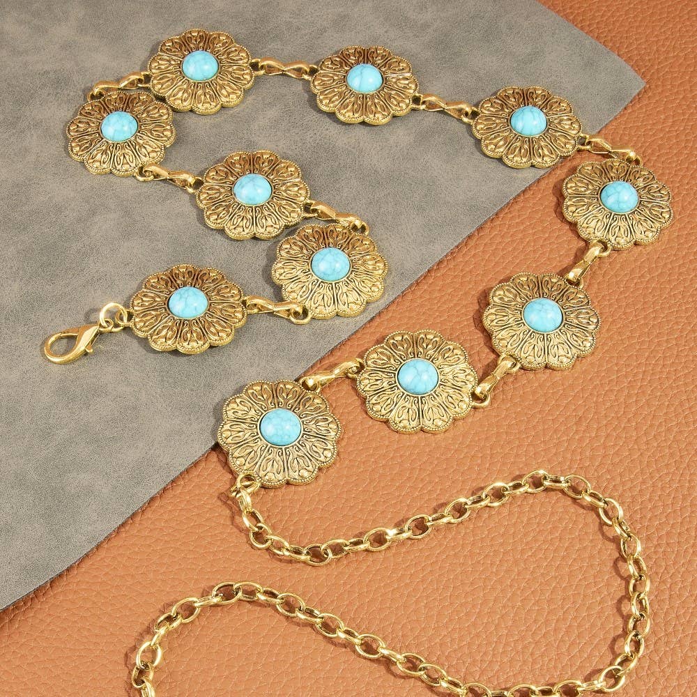 Floral Concho Turquoise Stone Chain Belt