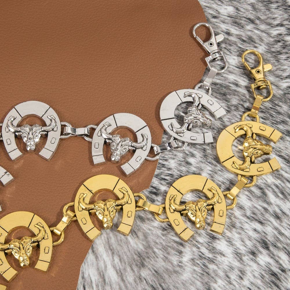 Bull Skull Horseshoe Link Chain Belt