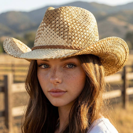 Two Tone Straw Braided Patches Cowboy Hat