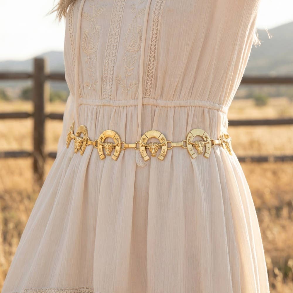 Bull Skull Horseshoe Link Chain Belt