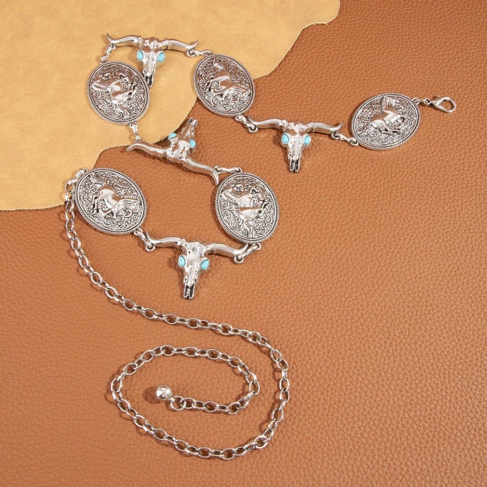 Longhorn Skull & Horse Medallion Chain Belt