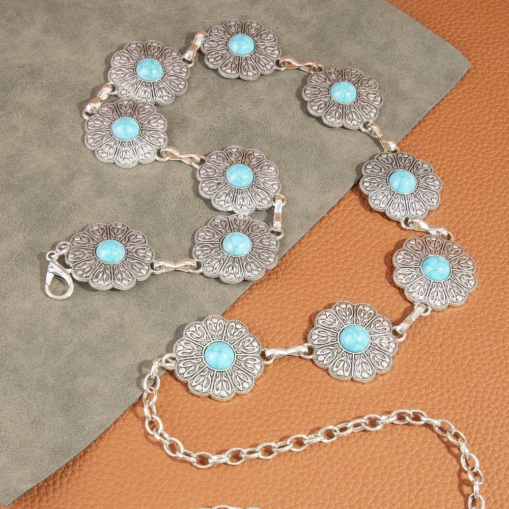 Floral Concho Turquoise Stone Chain Belt