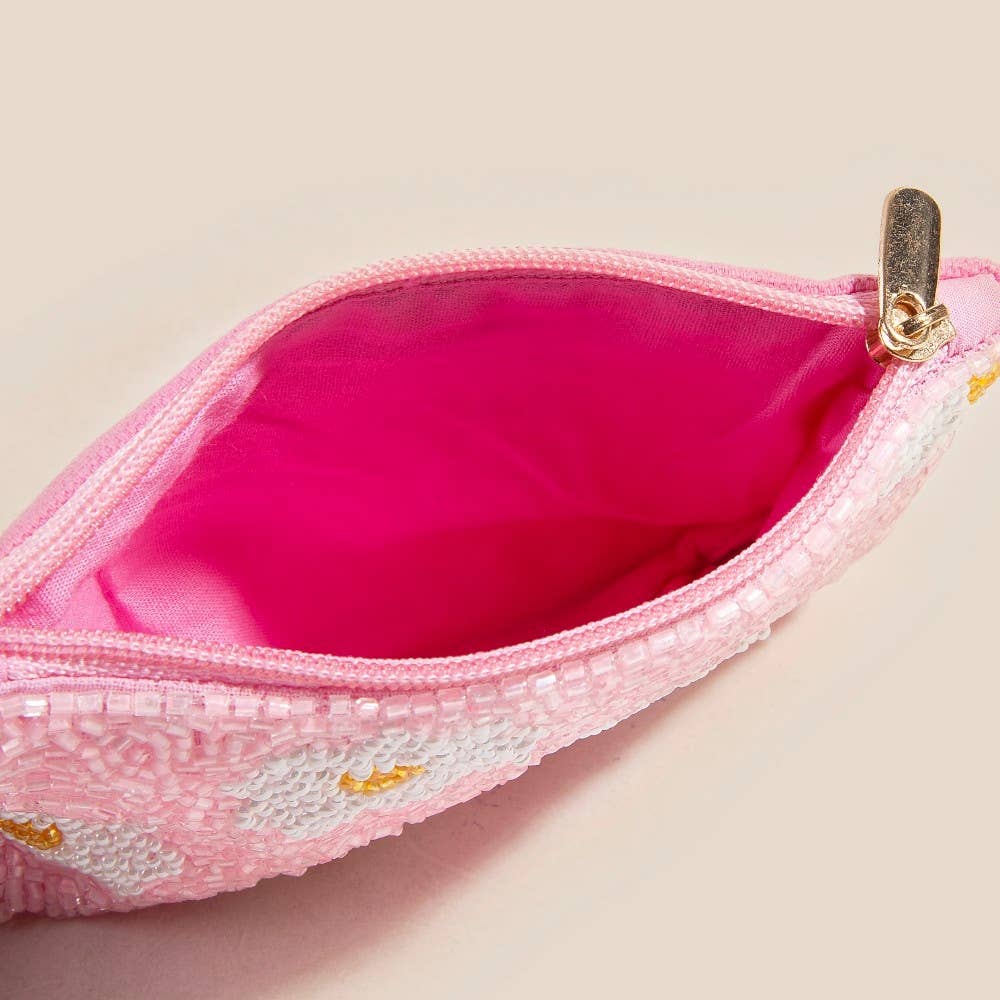 Daisy Flowers Pink Seed Beaded Coin Purse