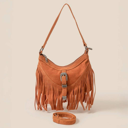Faux Suede Cascade Fringe Shoulder Bag