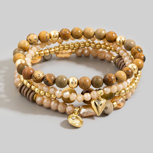 Beaded Stone Stretch Bracelet Set With Gold Heart & Coin