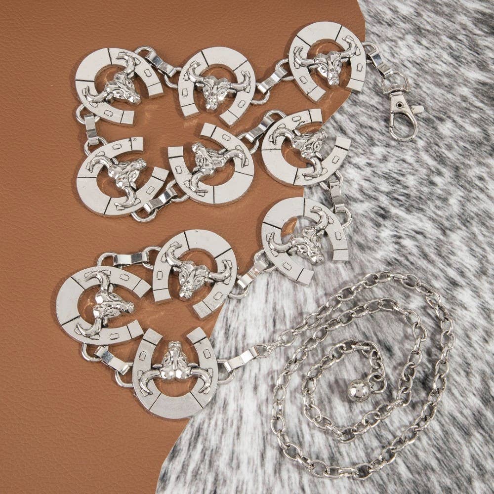 Bull Skull Horseshoe Link Chain Belt